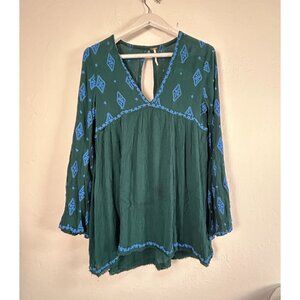 Free People Womens Diamond Embroidered Tunic Top Small V-Neck Long Sleeve Boho